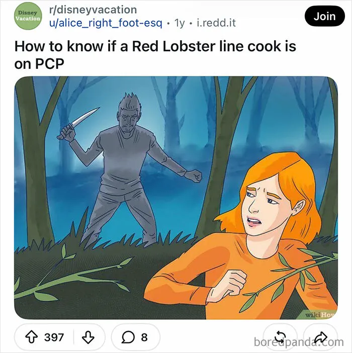 Hilarious WikiHow images meme featuring a woman hiding in a forest from a man with a knife.