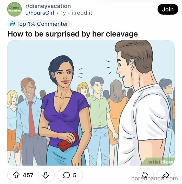 A WikiHow illustration with funny captions showing a man talking to a woman in a crowd.