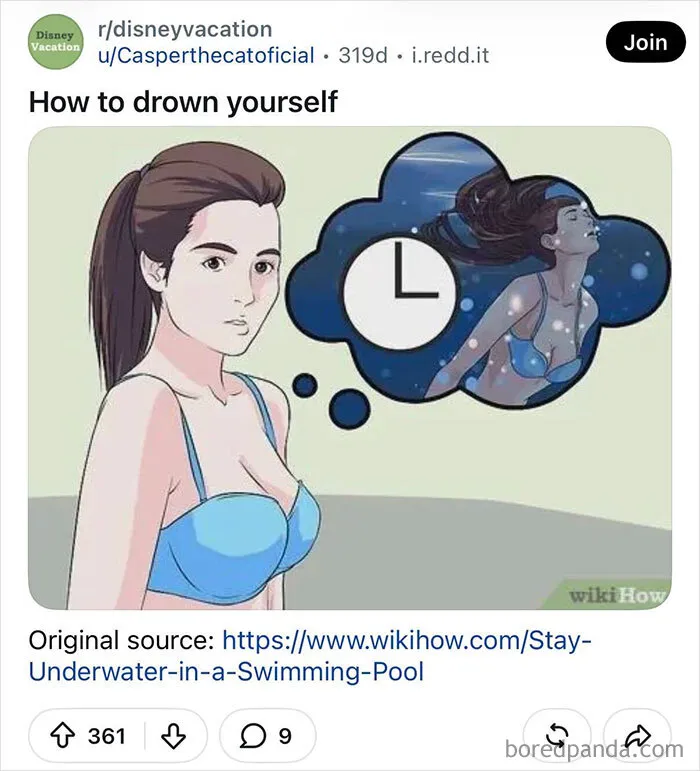 WikiHow image of a woman thinking about being underwater next to a clock