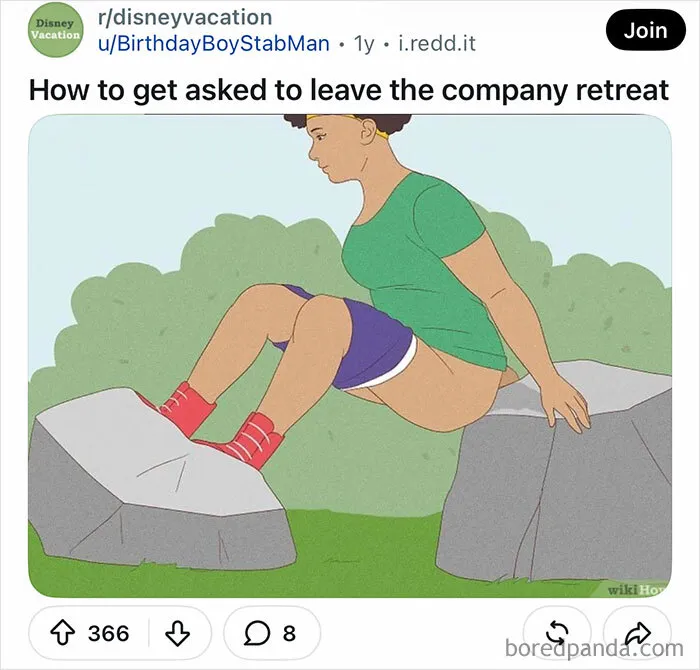 Illustrative WikiHow images meme featuring a person squatting outdoors on two large rocks.
