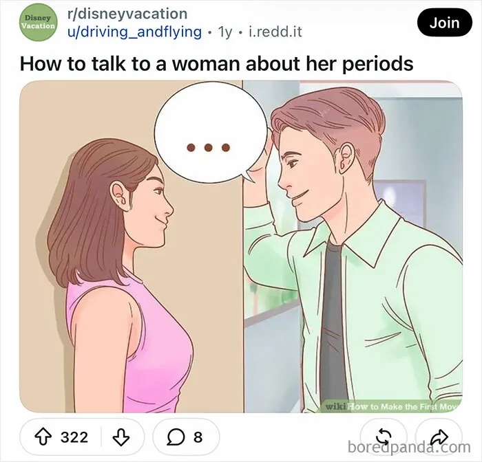 A WikiHow illustration of a man flirting with a woman, updated with new captions.