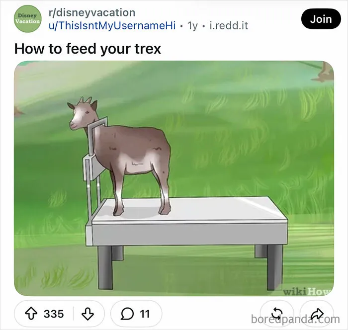 Funny WikiHow image of a goat standing on a platform in a field, transformed by new captions.