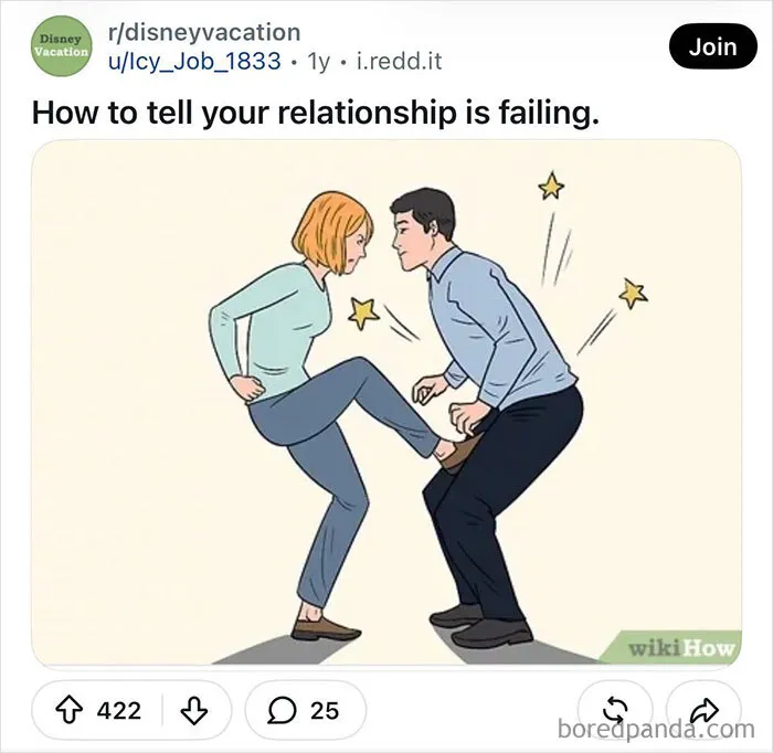 A funny WikiHow image meme featuring a woman kicking a man in the groin area with cartoon stars appearing.