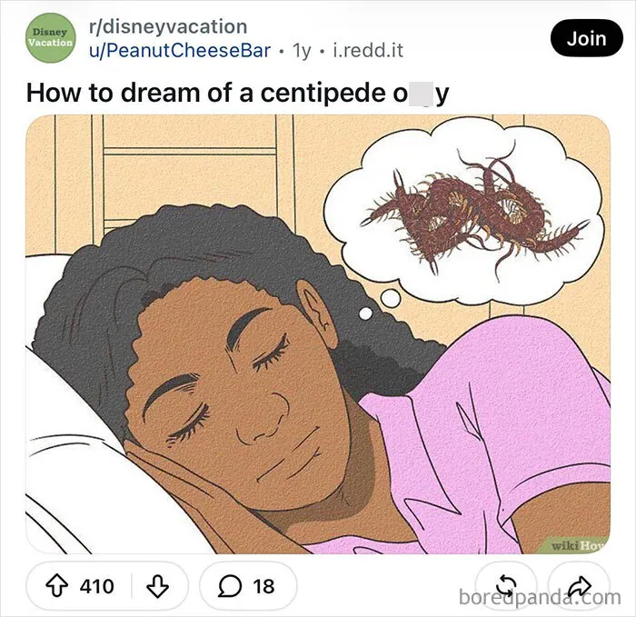 Funny WikiHow images meme showing a sleeping woman dreaming about a centipede.