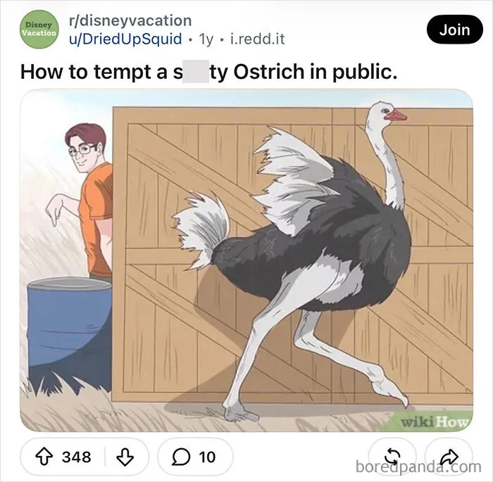 Humorous WikiHow image of a man peeking behind a fence toward a large ostrich with funny internet caption.