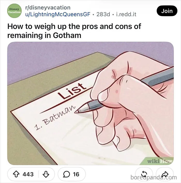 A funny wikiHow image caption about writing a pros and cons list to stay in Gotham