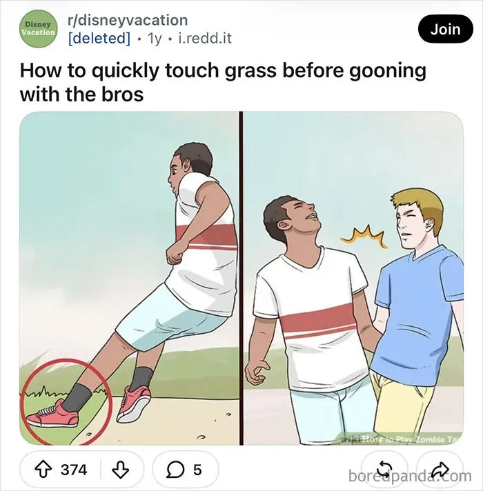 Funny WikiHow Images meme panel of a guy stepping on grass with a red circle
