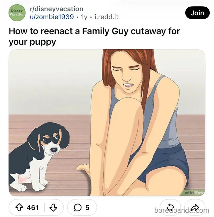 WikiHow images screenshot showing a girl holding her knee next to a beagle puppy with new captions.