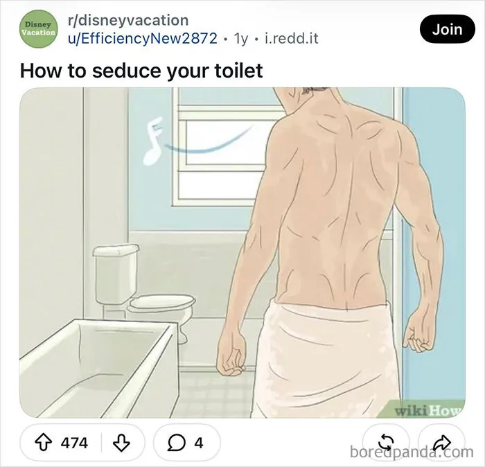 WikiHow images screenshot showing a man in a towel in front of a toilet with funny captions.