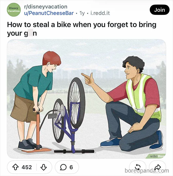 WikiHow image of a person pointing a finger gun at someone pumping a bicycle tire, with funny captions.