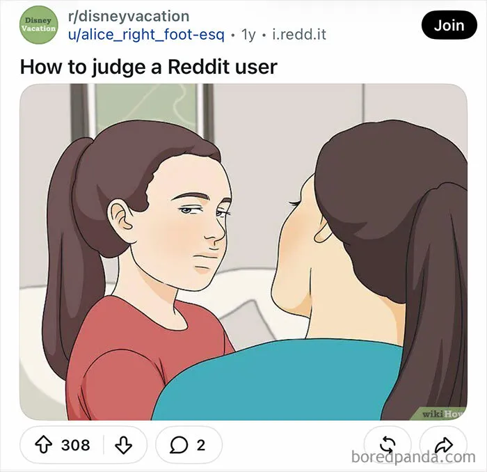 Funny WikiHow image illustration of two women looking at each other, modified with internet captions.