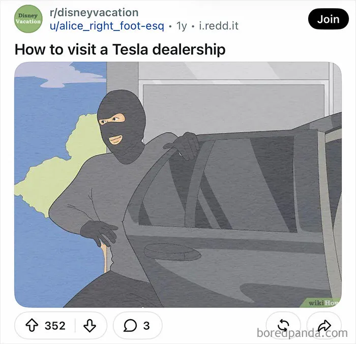 Funny WikiHow image of a masked person opening a car door, repurposed as a meme with new captions.