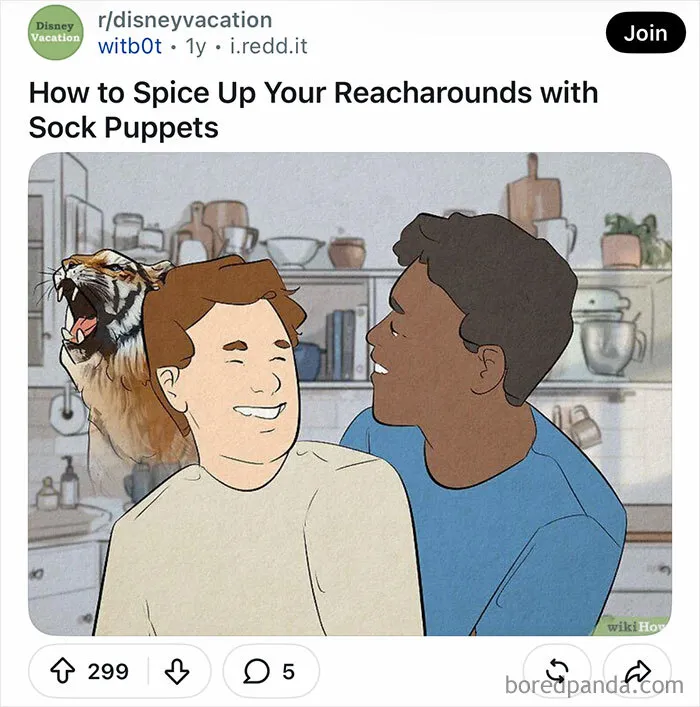 Funny WikiHow images cartoon depicting two men laughing in a kitchen with a tiger overlay.