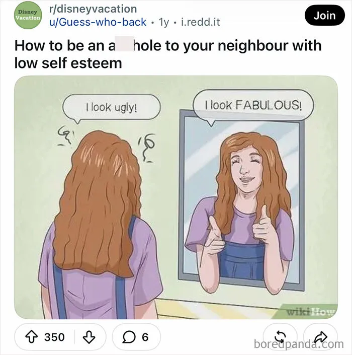 Funny WikiHow images screenshot showing a girl talking to a mirror reflection with new humorous captions.