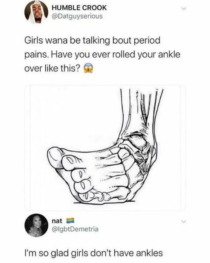 A Twitter thread with a funny comment about rolled ankles and gender differences.