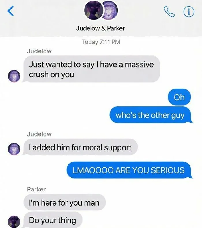 A humorous text conversation where a friend is added to a crush confession group chat for support.