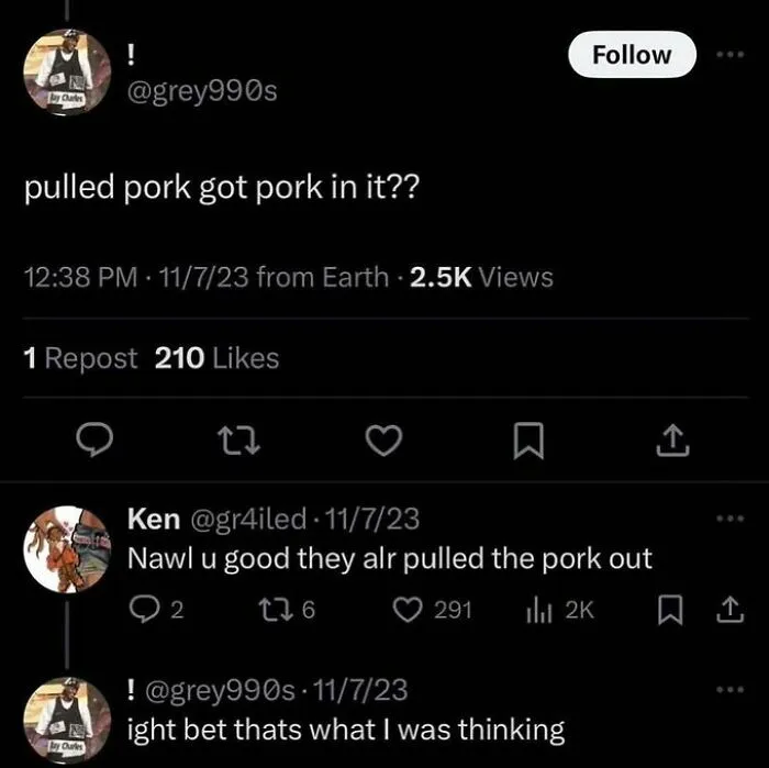Funny Twitter comments about a user asking if pulled pork has pork in it.
