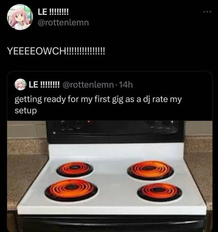 A social media post with a funny comment comparing hot stove burners to a DJ setup.