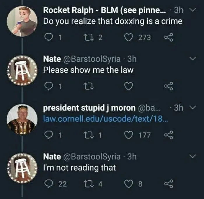 Twitter thread of a user refusing to read a law link about doxxing, making comments funnier.