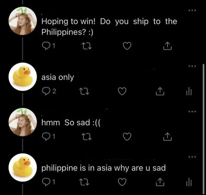 Twitter thread where comments were funnier, discussing shipping to the Philippines as part of Asia.