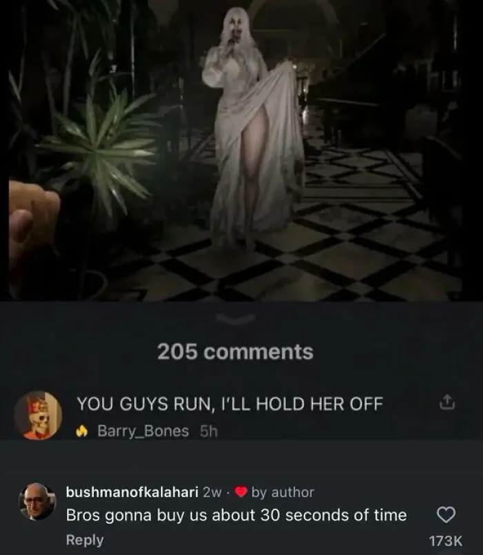 TikTok comments section showing funny comments reacting to a video of a woman in a white dress.