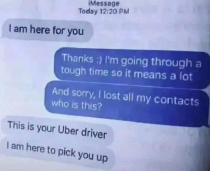 Funny comment exchange on text messages about a comforting reply from an unexpected Uber driver.