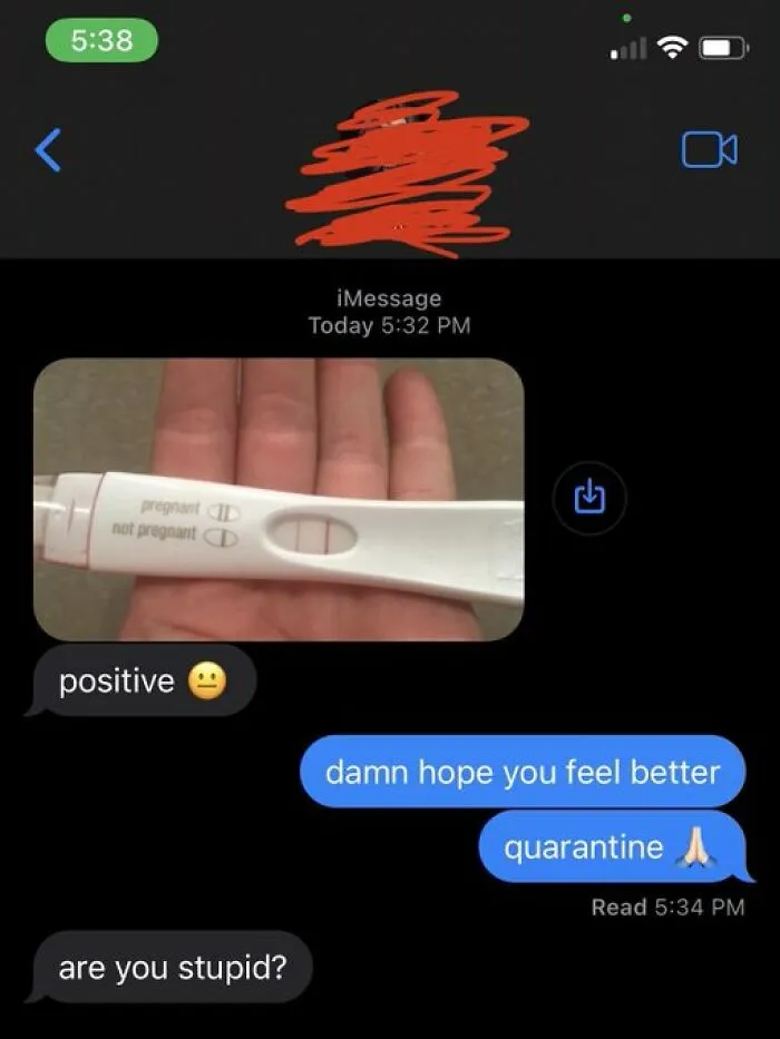 Funny iMessage screenshot where comments are funnier than the post about a positive pregnancy test and quarantine