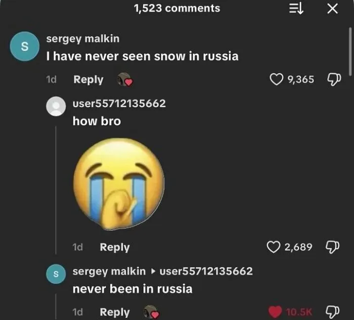 Social media interaction where comments are funnier than the post about someone who has never seen snow in Russia