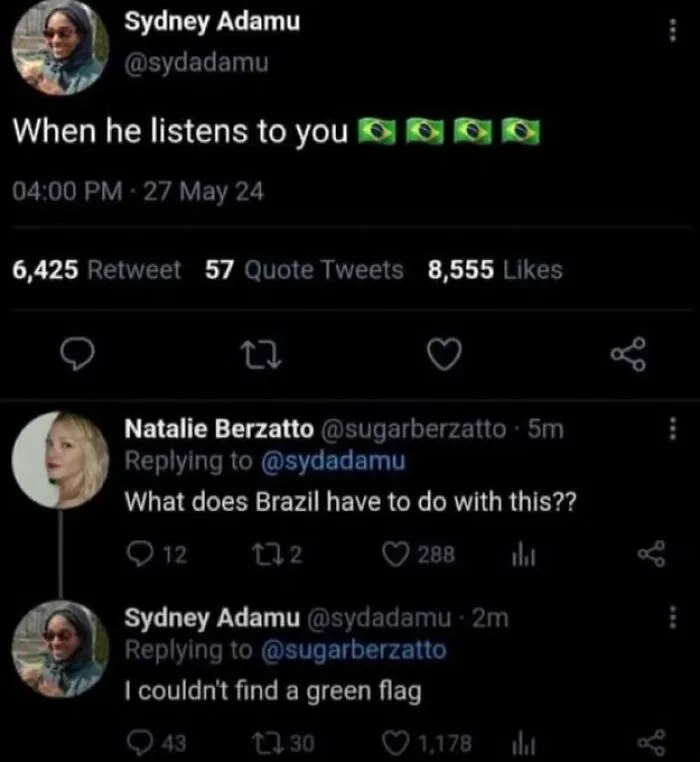Hilarious Twitter exchange where comments are funnier than the post about green flags using Brazil emojis