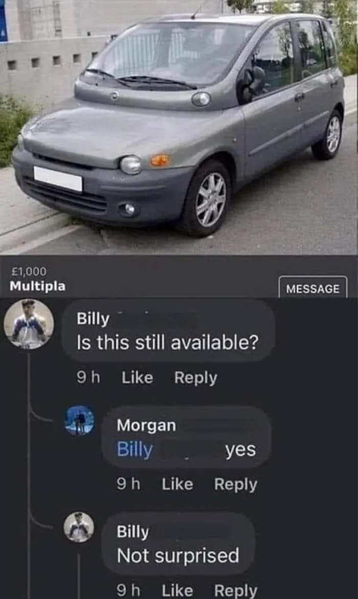 A gray Fiat Multipla for sale on social media with a witty comment about its availability.