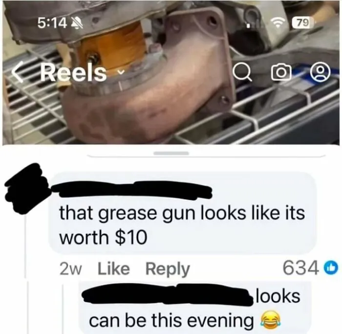 A social media post where the comments are funnier, featuring a grease gun remark