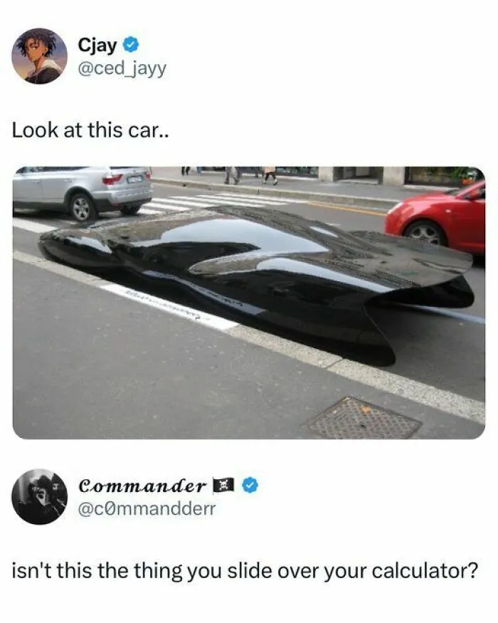 A flat black car resembling a calculator cover, illustrating comments that are funnier