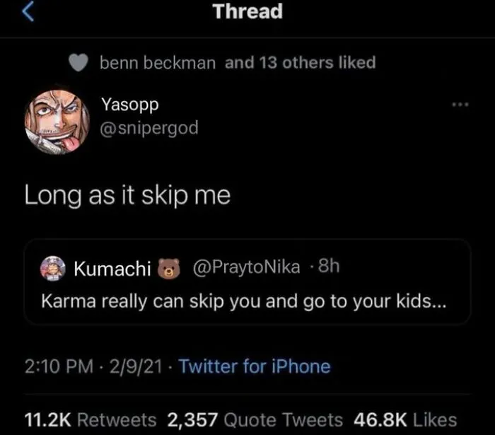Twitter thread showing a funny interaction about karma showcasing times the comments were funnier.