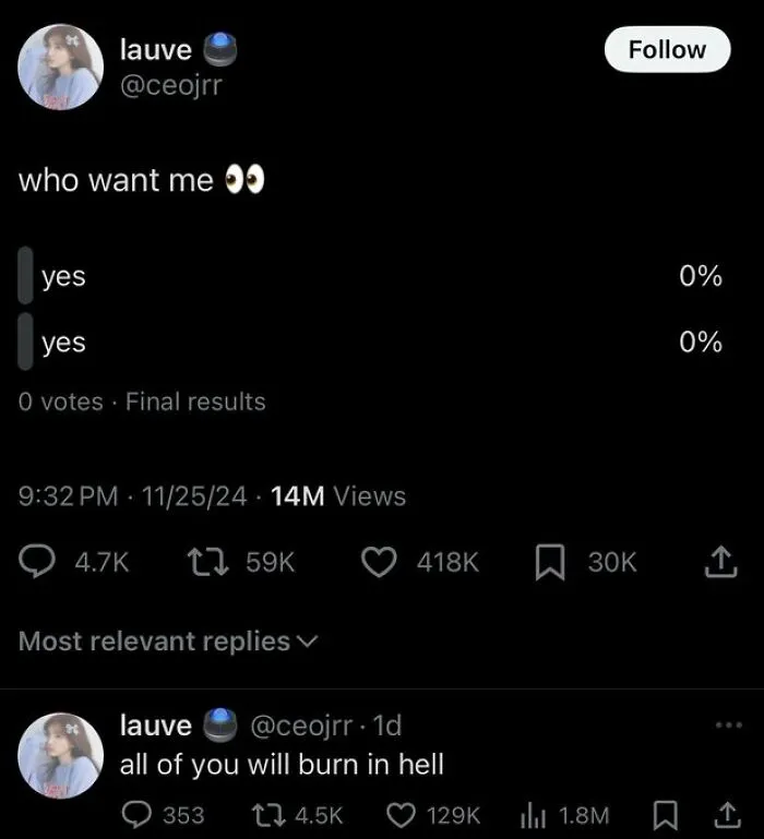 Funny comments on a social media poll showing zero votes and the creator saying everyone will burn in hell