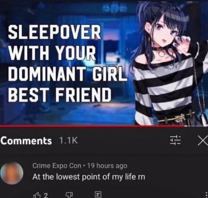 Humorous comments on a YouTube sleepover video with a user commenting about being at their lowest point