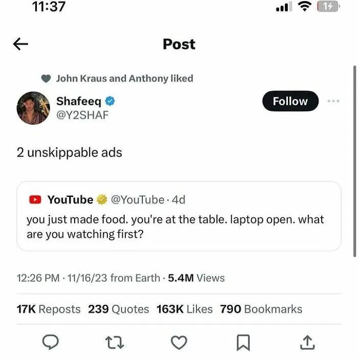 X post with funny comments about unskippable ads that are funnier than the original post.