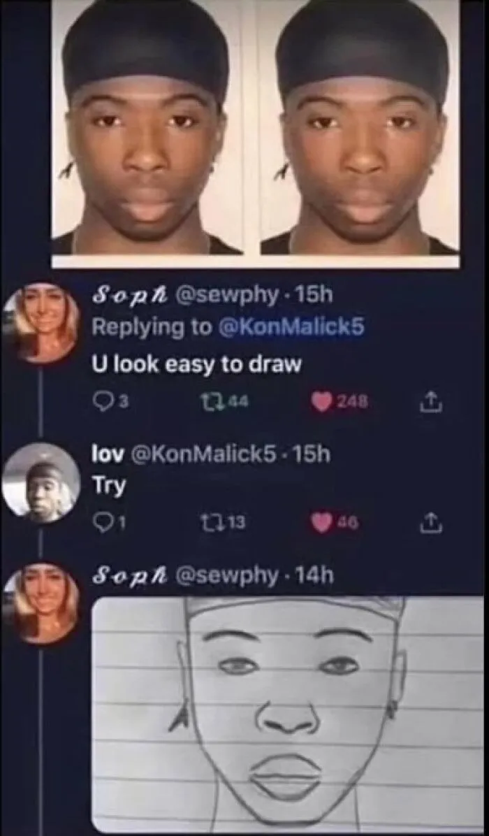 Social media thread with comments that were funnier than the post showing a simple portrait drawing.