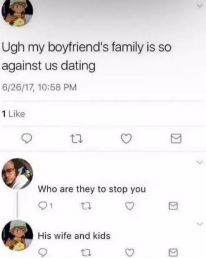 Twitter exchange showing comments that were funnier than the post about a boyfriend's family.
