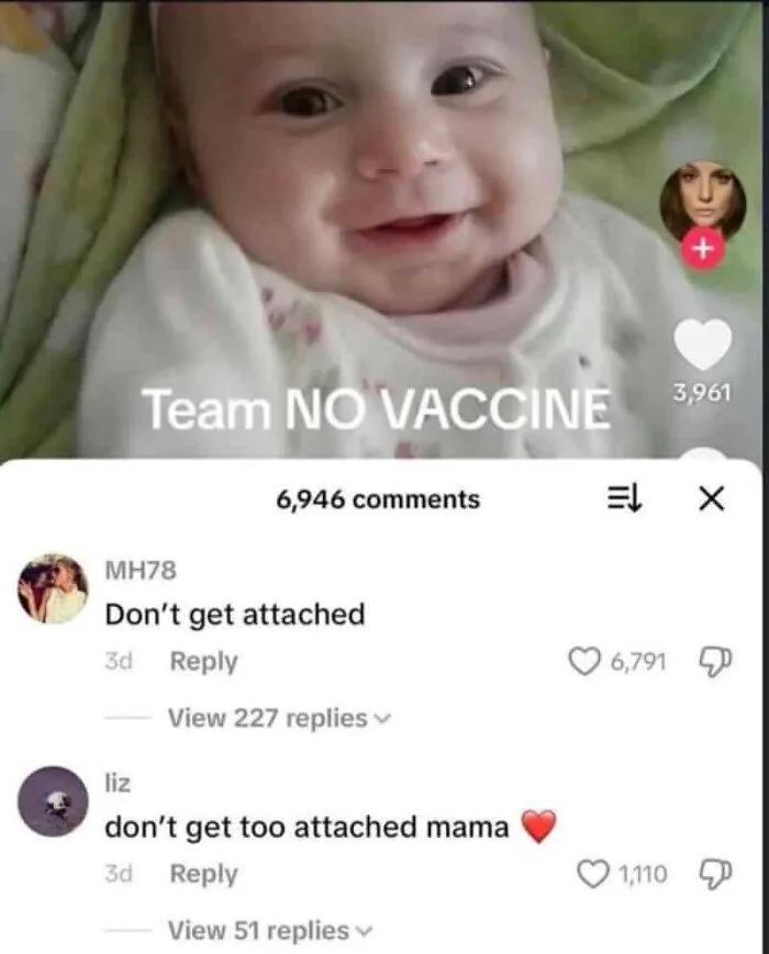 Baby photo with text about vaccines, featuring a witty comment section where someone replied cleverly to a post.