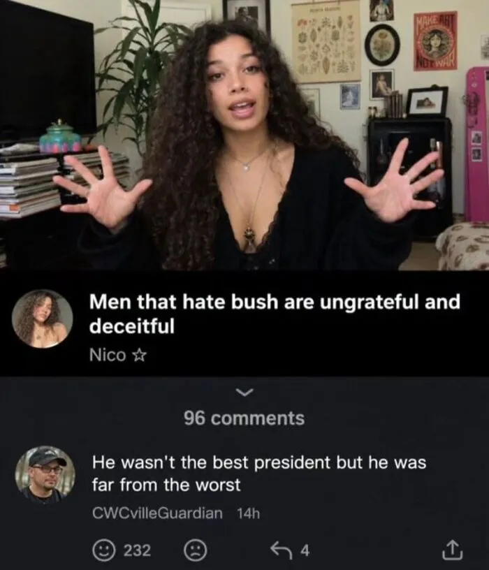 Woman talking online with a clever reply referencing President Bush.