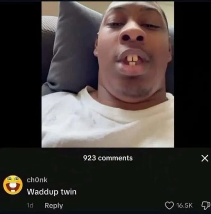 A screenshot showing someone who replied to a post cleverly with a bucktooth emoji profile picture.