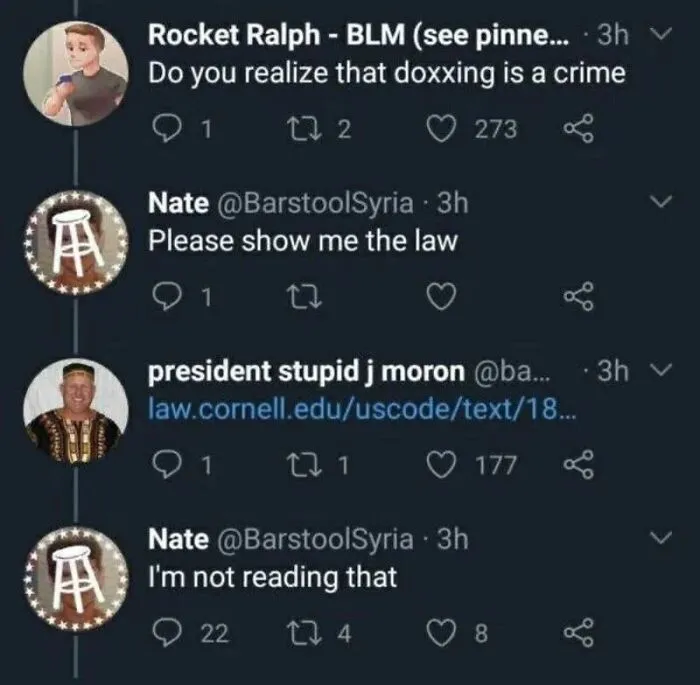 A funny Twitter exchange showing someone replying to a post about laws.