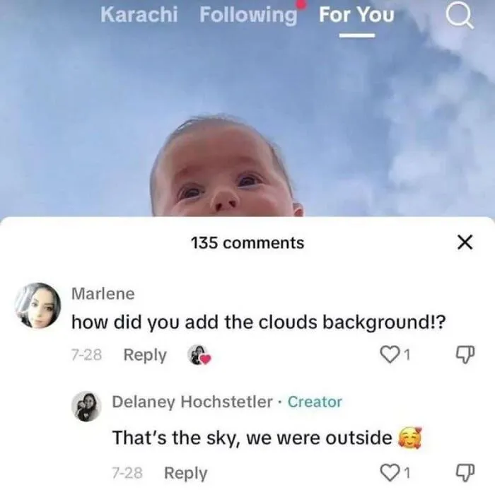 A screenshot showing someone who replied to a post cleverly about a baby under the real sky.