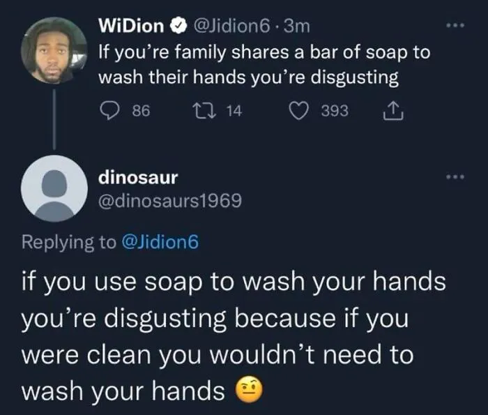 A absurd Twitter exchange where a user cleverly replied to a post about sharing soap with funny sarcastic logic.