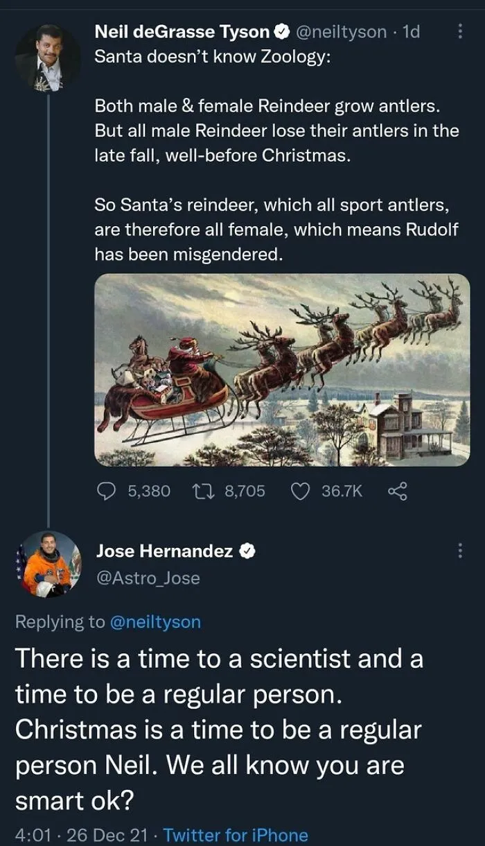 An astronaut who replied to a post by Neil deGrasse Tyson analyzing Christmas science, telling him to just relax.