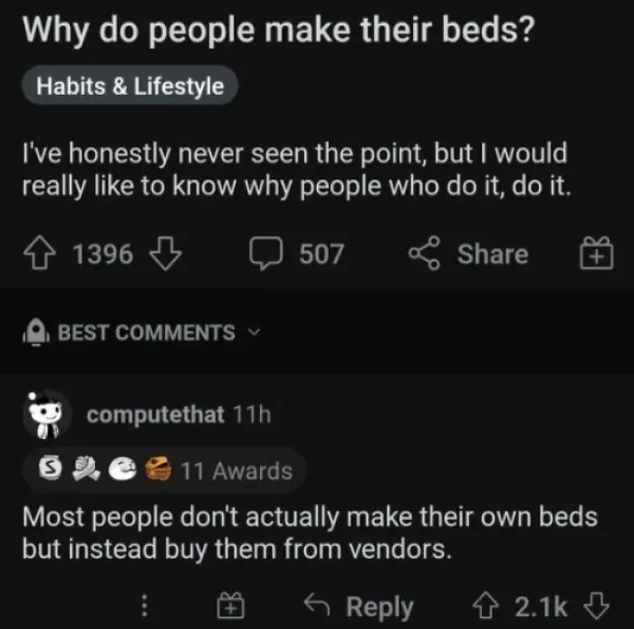 A clever reply to a post asking why people make their beds.