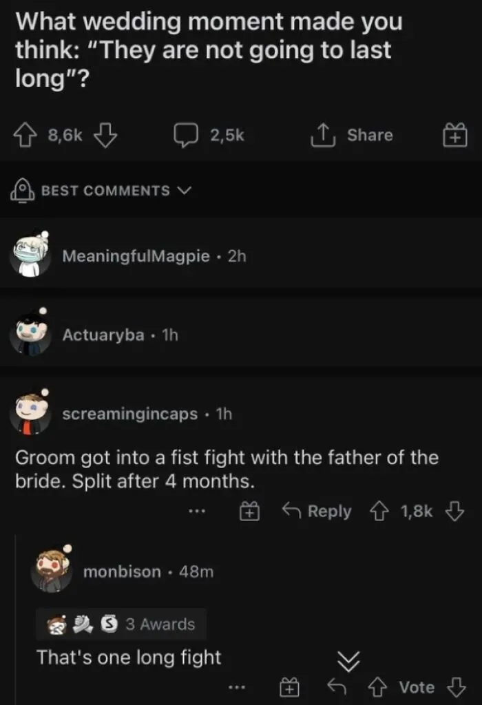 Clever post reply on a social media thread misinterpreting a wedding story.