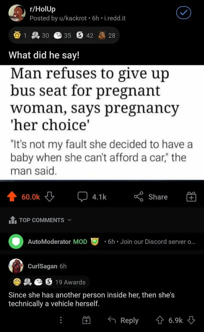 A humorous social media interaction with a user who cleverly replied to a post about a man not giving up his seat.