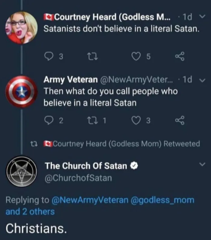 Twitter thread with a clever reply from The Church of Satan account to a user question.