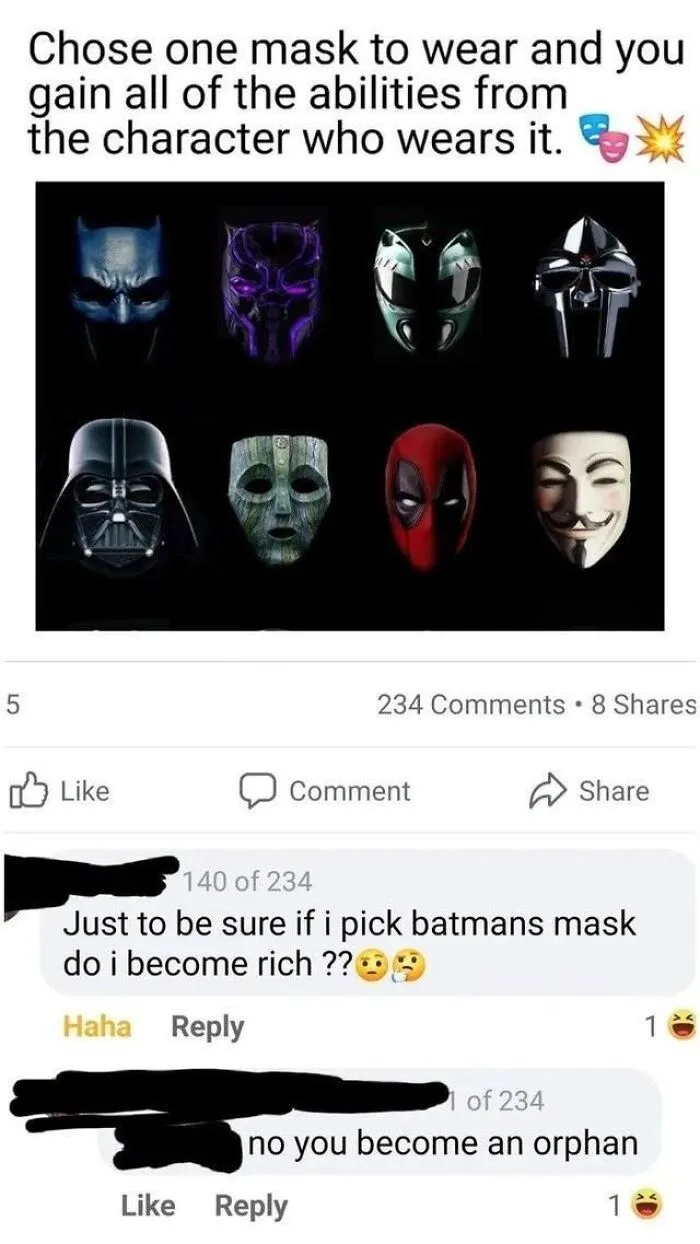 A witty social media post reply joke about choosing Batman's mask and becoming an orphan.